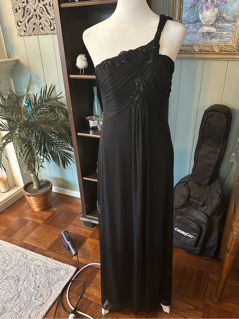 Alex Evenings Black Grecian Style One-Shoulder Evening Gown with Beaded Trim